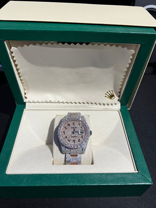 Custom VVS1 Moissanite Date-Style Watch (Yellow Gold Accents)